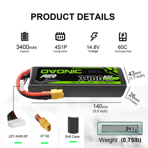 Ovonic 60C 4S 3400mAh 14.8V LiPo Battery for RC truck