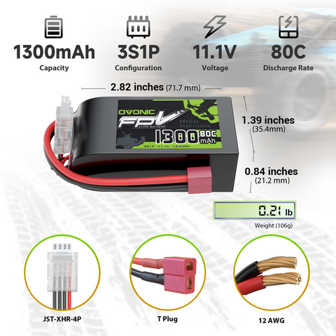 OVONIC 11.1V 80C 1300mAh 3S Lipo Battery with T Plug for 3S Freestyle Racing Drone Fixed-Wing FPV Plane