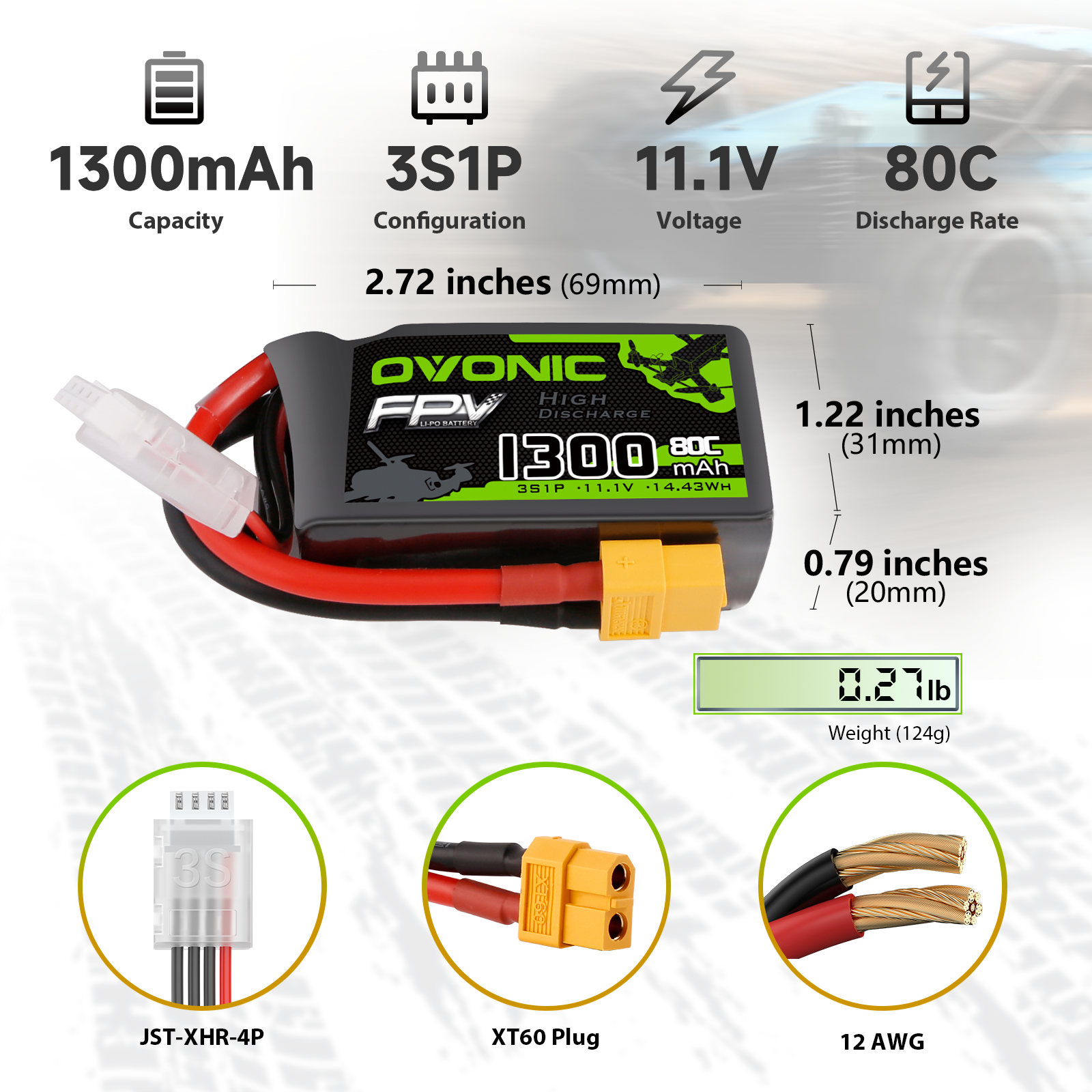 Ovonic 3S Lipo Battery 1300mAh 80C 11.1V with XT60 Plug