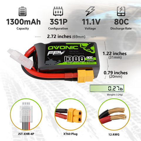 Ovonic 3S Lipo Battery 1300mAh 80C 11.1V with XT60 Plug