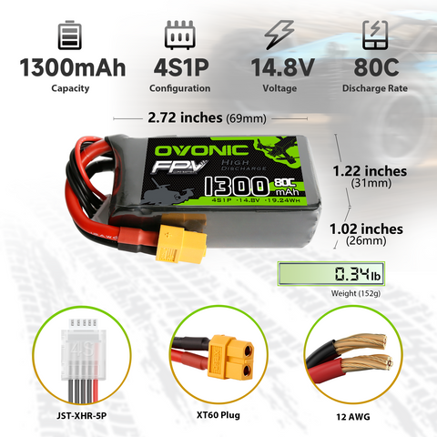 OVONIC 4S LiPo Battery Pack 1300mAh 80C 14.8V with XT60 Plug for FPV Drone Mini Drone Quadcopters