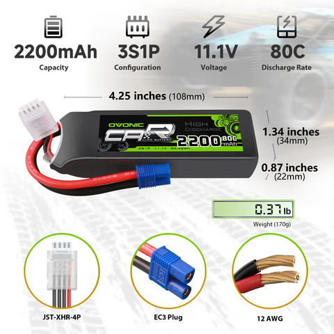 2xOvonic 2200mAh 3S LiPo Battery 11.1V 80C with EC3 Plug