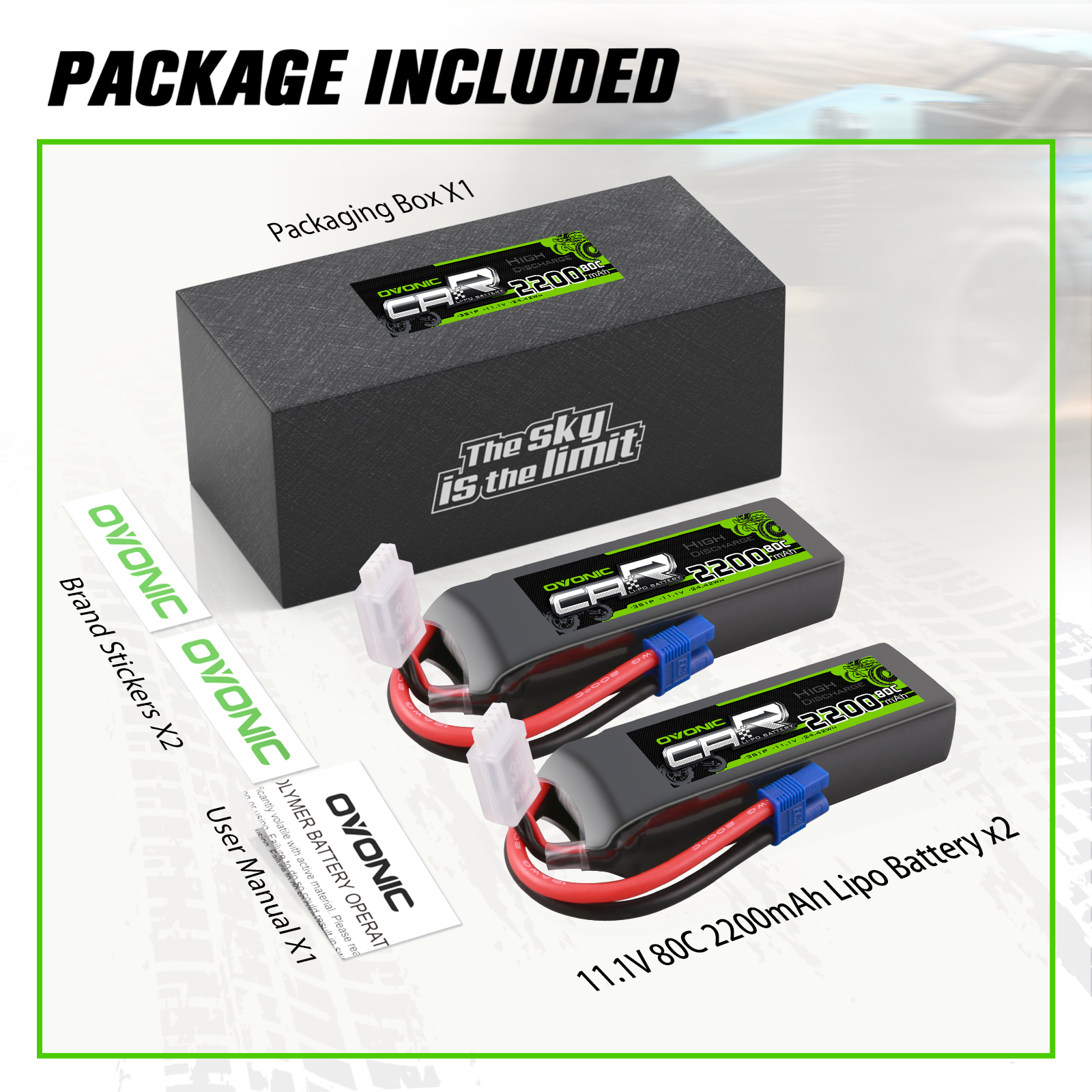 2xOvonic 2200mAh 3S LiPo Battery 11.1V 80C with EC3 Plug