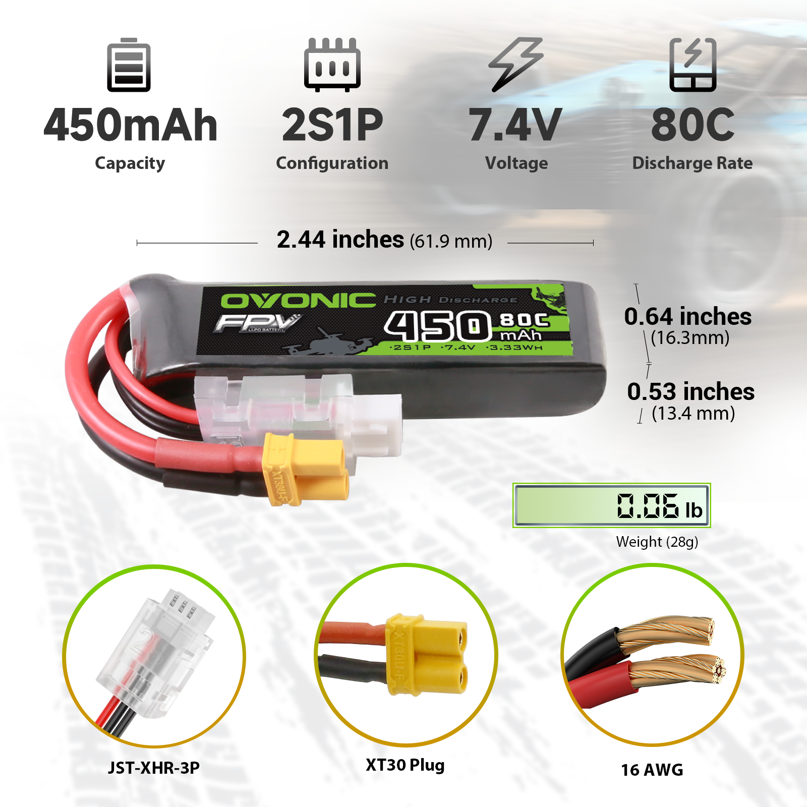 4 x OVONIC 7.4V 80C 450mAh 2S Lipo Battery Long Size with XT30 Plug