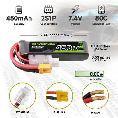 4 x OVONIC 7.4V 80C 450mAh 2S Lipo Battery Long Size with XT30 Plug