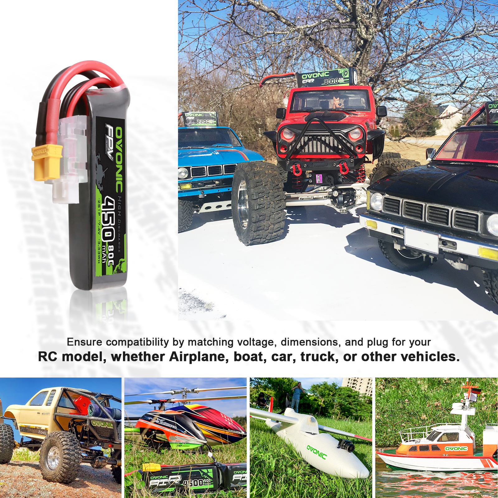 4 x OVONIC 7.4V 80C 450mAh 2S Lipo Battery Long Size with XT30 Plug