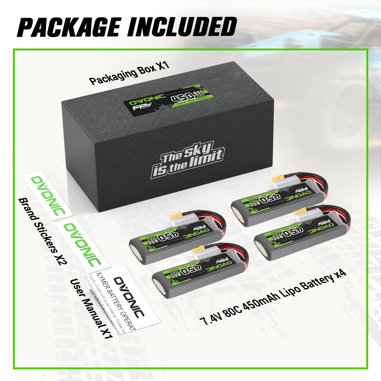 4 x OVONIC 7.4V 80C 450mAh 2S Lipo Battery Long Size with XT30 Plug