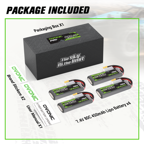 4 x OVONIC 7.4V 80C 450mAh 2S Lipo Battery Long Size with XT30 Plug