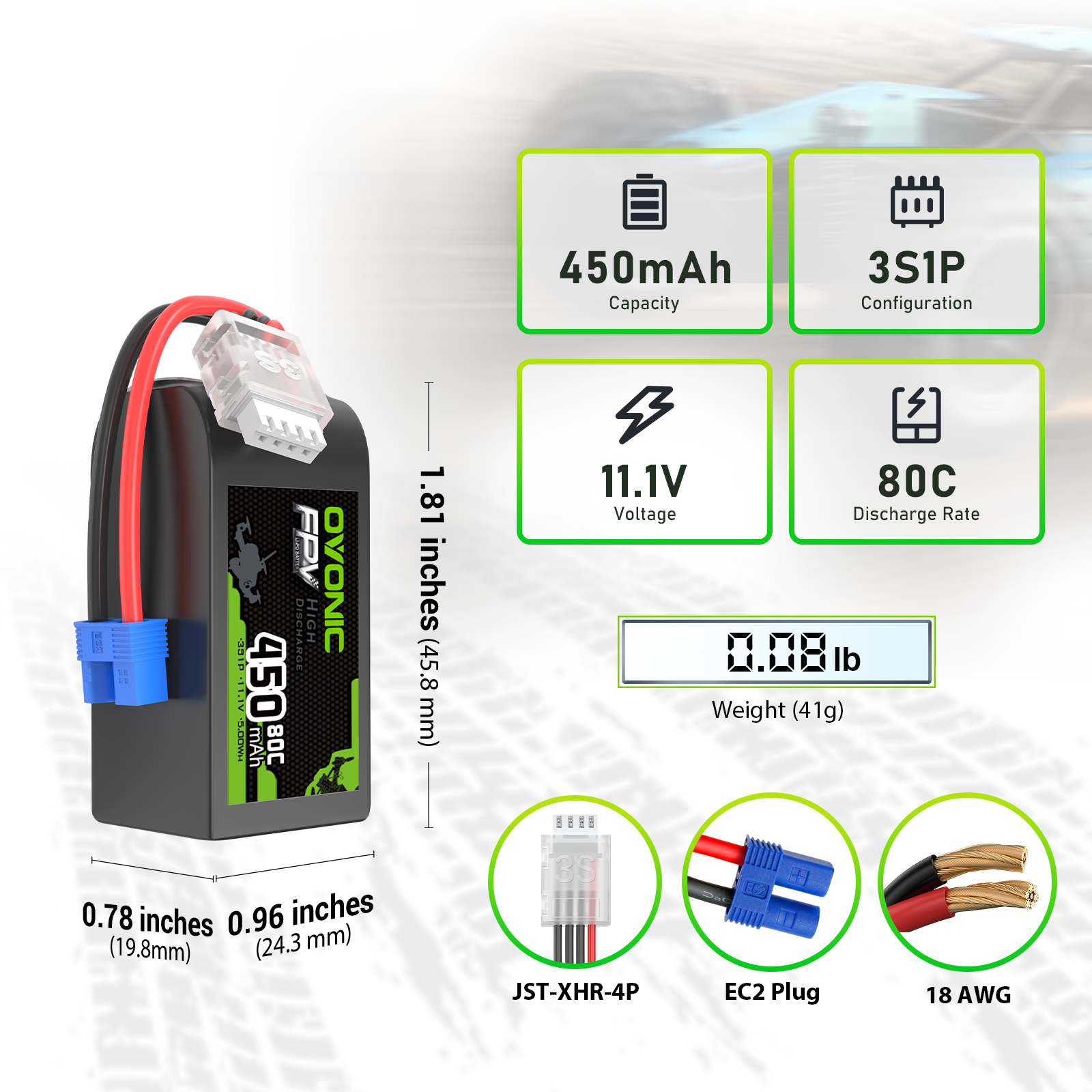 OVONIC 11.1V 80C 450mAh 3S LiPo Battery with EC2 Plug