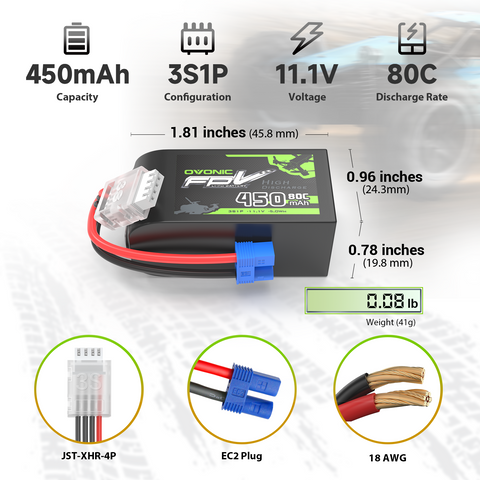 2 x OVONIC 11.1V 80C 450mAh 3S Lipo Battery Long Size with EC2 Plug