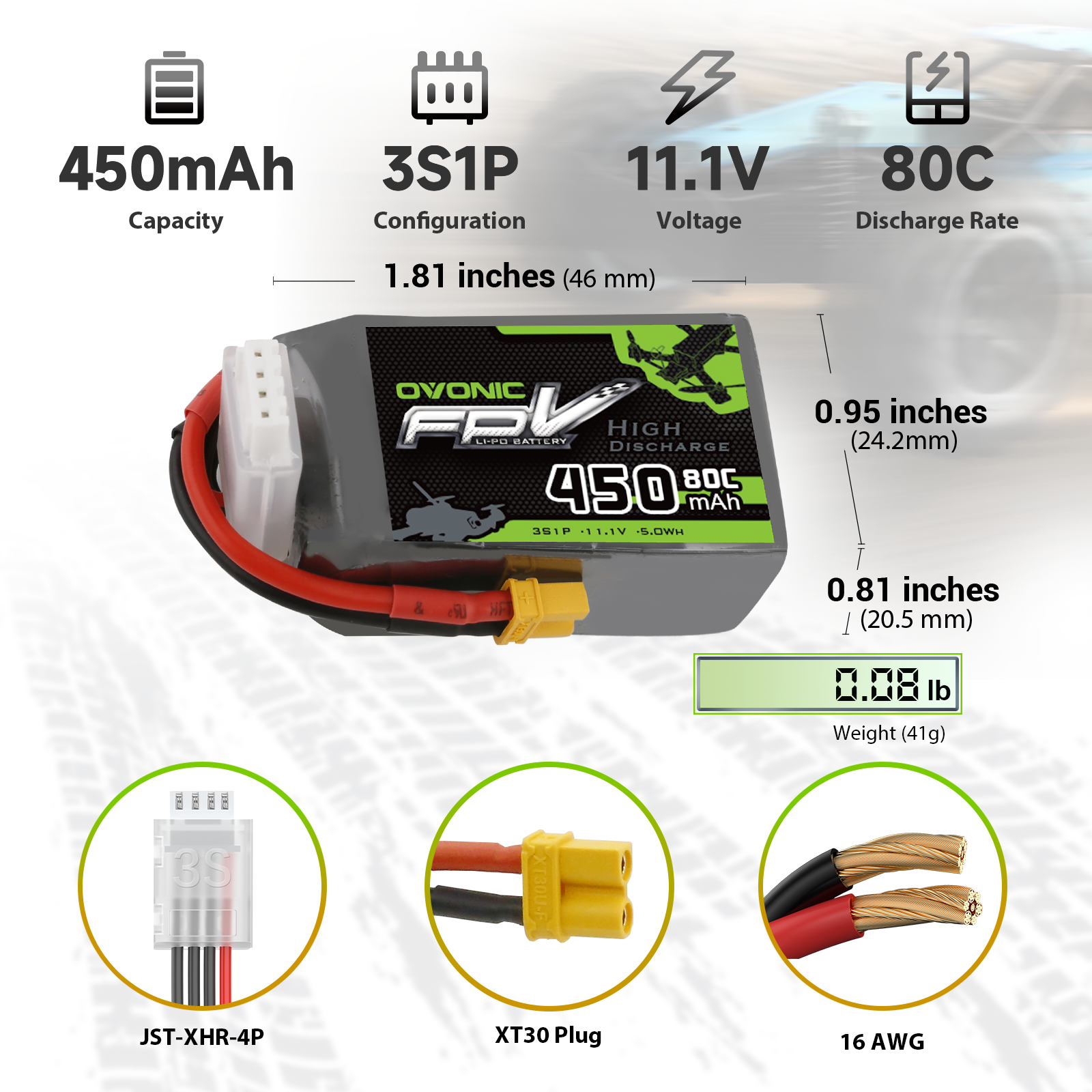 2 x OVONIC 80C 11.1V 450mAh 3S1P Lipo Battery with XT30 Plug