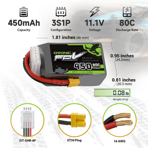 2 x OVONIC 80C 11.1V 450mAh 3S1P Lipo Battery with XT30 Plug