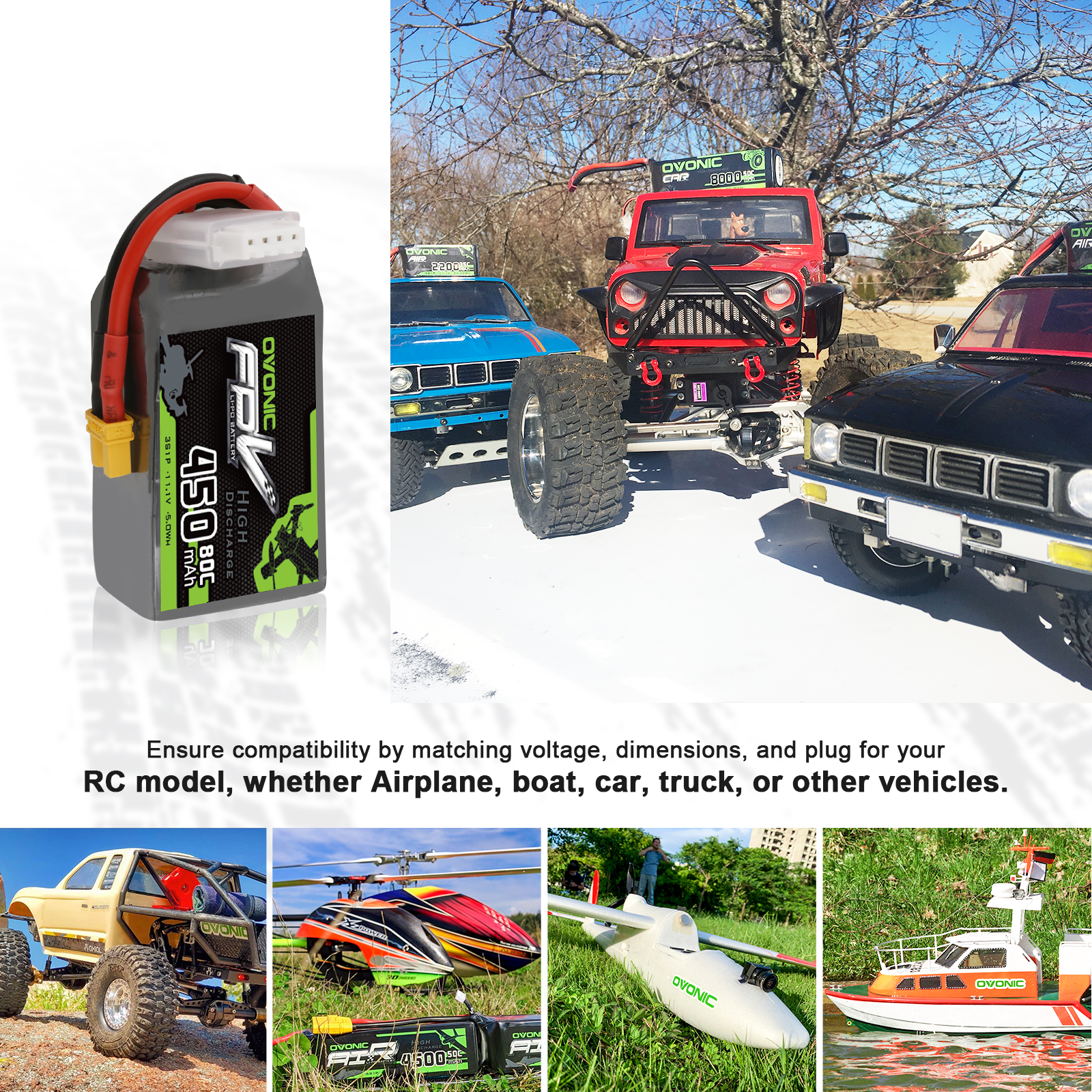 2 x OVONIC 80C 11.1V 450mAh 3S1P Lipo Battery with XT30 Plug
