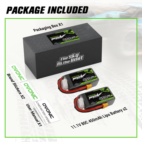 2 x OVONIC 80C 11.1V 450mAh 3S1P Lipo Battery with XT30 Plug