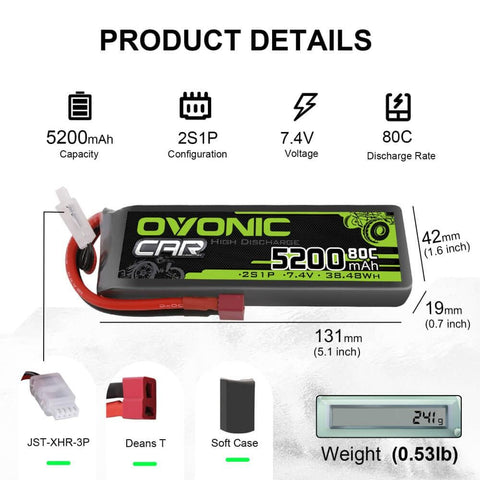 2x Ovonic 80C 2S1P 5200mAh 7.4V LiPo Battery for RC Car - Deans Plug - Ampow