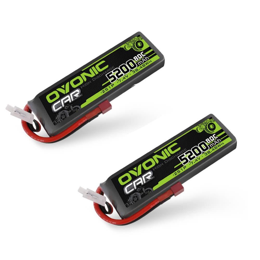 2x Ovonic 80C 2S1P 5200mAh 7.4V LiPo Battery for RC Car - Deans Plug - Ampow