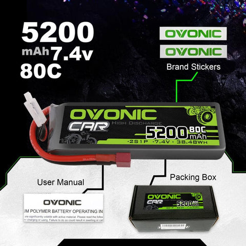 2x Ovonic 80C 2S1P 5200mAh 7.4V LiPo Battery for RC Car - Deans Plug - Ampow