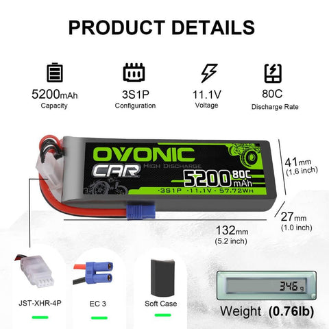 2x Ovonic 80C 3S1P 5200mAh 11.1V LiPo Battery for RC Car - EC3 Plug - Ampow