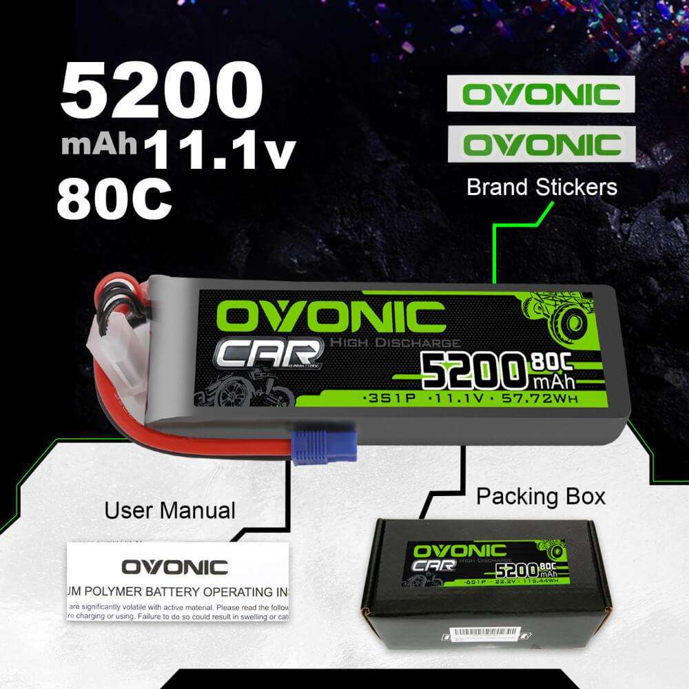 2x Ovonic 80C 3S1P 5200mAh 11.1V LiPo Battery for RC Car - EC3 Plug - Ampow