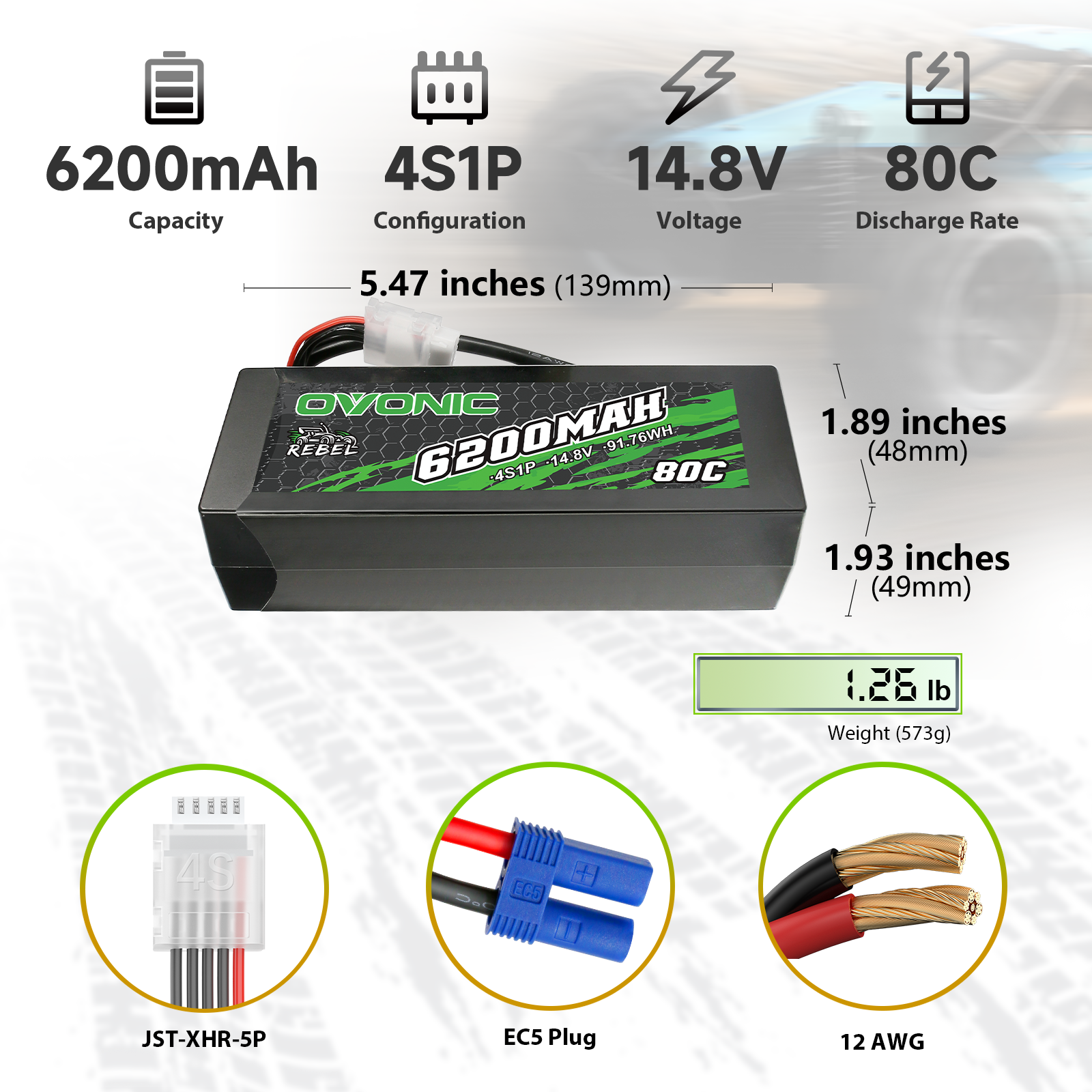 OVONIC 4S Lipo Battery 6200mAh 80C 14.8V with EC5 Plug