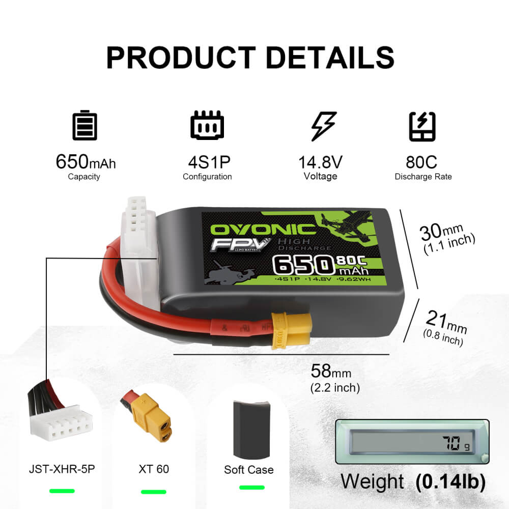 Ovonic 80C 4S 650mah Lipo Battery 14.8V Pack with XT30 Plug for FPV