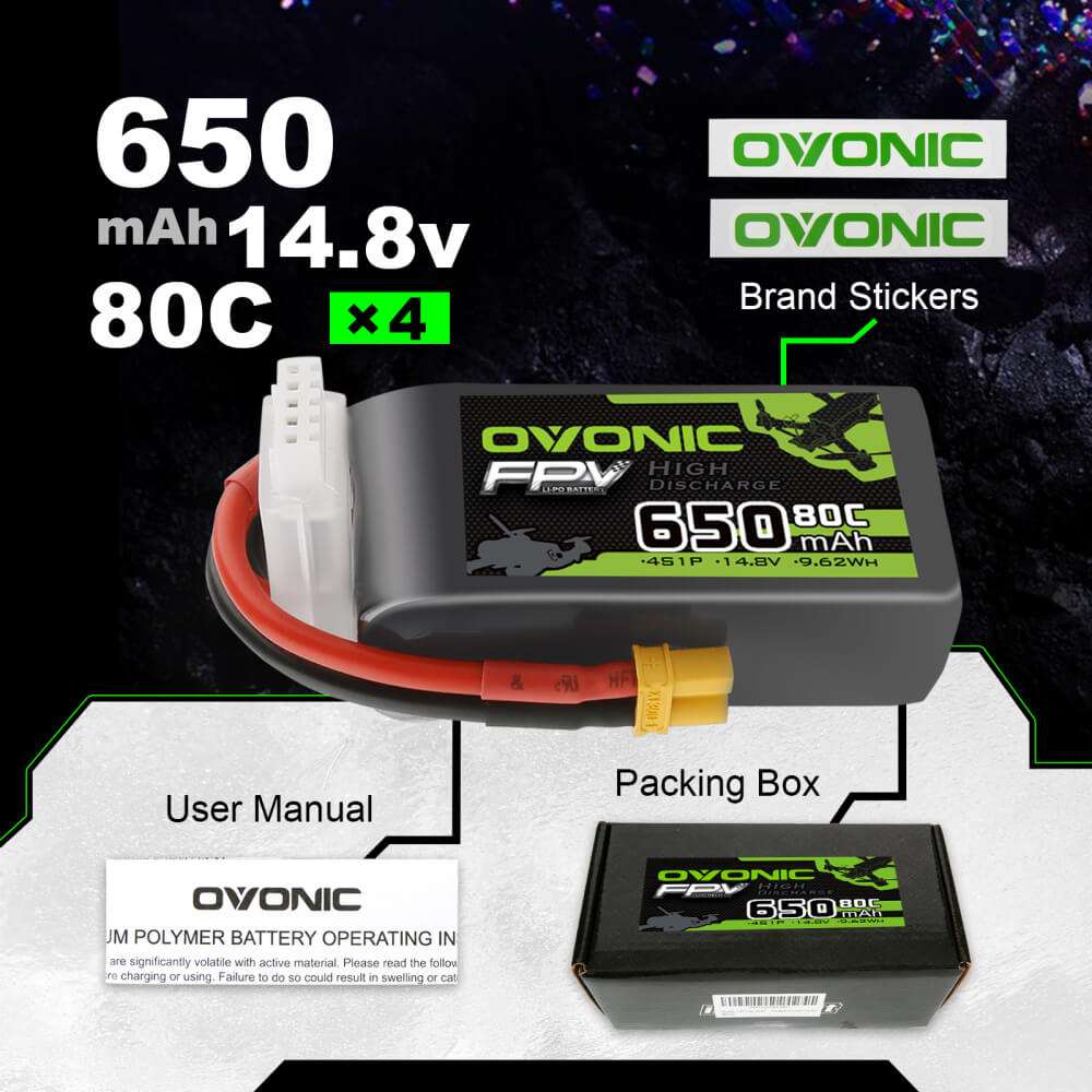 Ovonic 80C 4S 650mah Lipo Battery 14.8V Pack with XT30 Plug for FPV