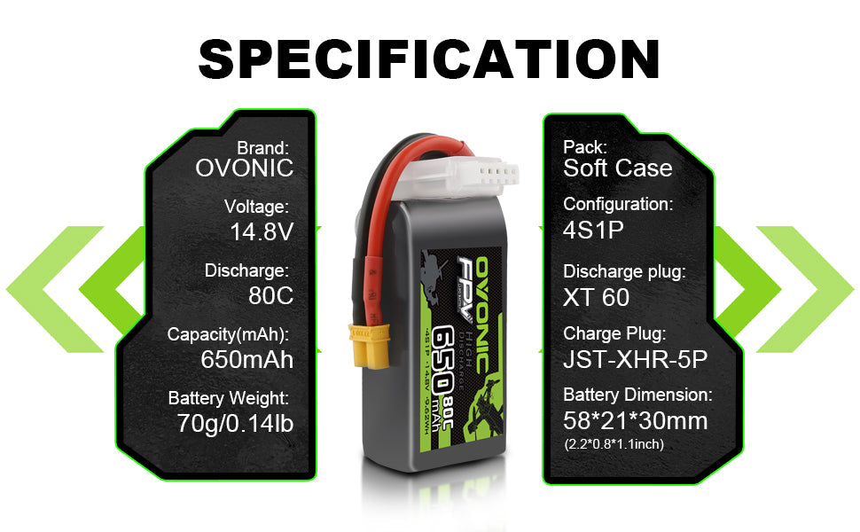 Ovonic 80C 4S 650mah Lipo Battery 14.8V Pack with XT30 Plug for FPV