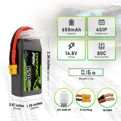 4x Ovonic 80C 14.8V 650mah 4S Lipo Battery with XT30 Plug for 90mm to 150mm FPV Racing Drone