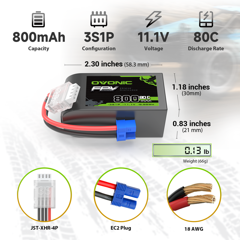 OVONIC 11.1V 80C 800mAh 3S LiPo Battery with EC2 Plug
