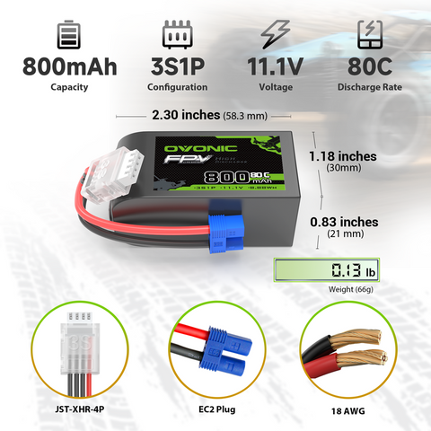 OVONIC 11.1V 80C 800mAh 3S LiPo Battery with EC2 Plug