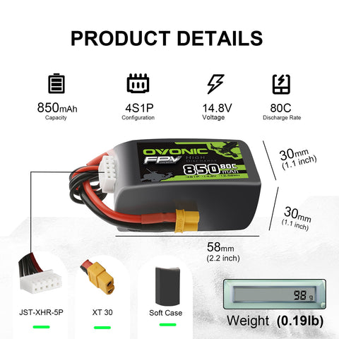 Ovonic 4S 850mAh Lipo Battery 80C 14.8V for FPV