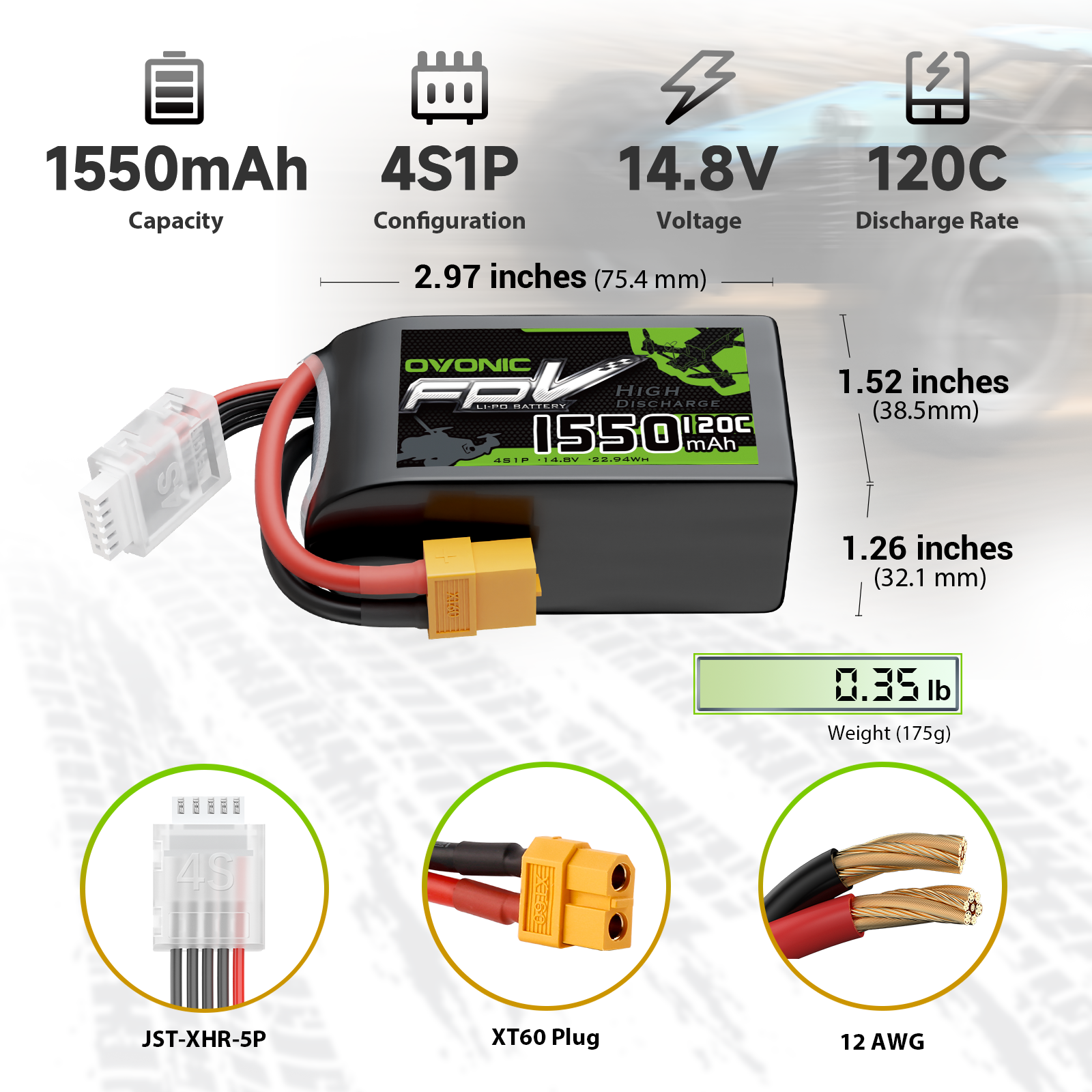 OVONIC 1550mAh 4S 120C 14.8V R-Line Version 3.0 Lipo Battery with XT60 Plug