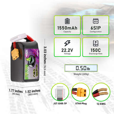 OVONIC R-Line 5.0 1550mAh 150C 22.2V 6S Lipo Battery with XT60 Plug for FPV Racing Freestyle Long-Range Drone