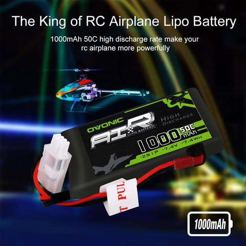 [2 Packs] Ovonic 2S Lipo Battery Pack 1000mAh 50C 7.4V with JST Plug for RC helicopter - Ampow