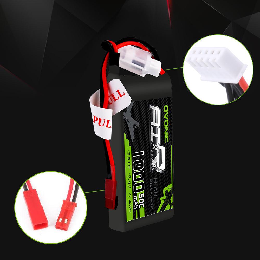 [2 Packs] Ovonic 2S Lipo Battery Pack 1000mAh 50C 7.4V with JST Plug for RC helicopter - Ampow