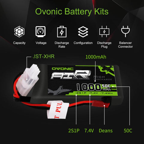 [2 Packs] Ovonic 2S Lipo Battery Pack 1000mAh 50C 7.4V with JST Plug for RC helicopter - Ampow