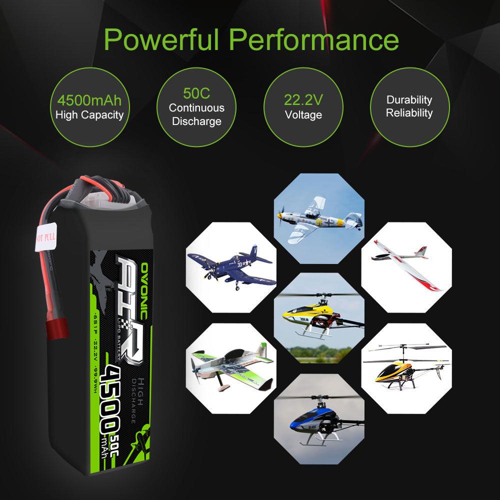 [2 Packs]OVONIC 6S LiPo Battery 4500mAh 50C 22.2V with Deans Plug for RC Plane - Ampow