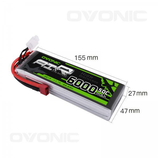 OVONIC 3S LiPo Battery Pack 6000mAh 50C 11.1V with Deans Plug for FPV Drone RC Car RC Boat - Ampow