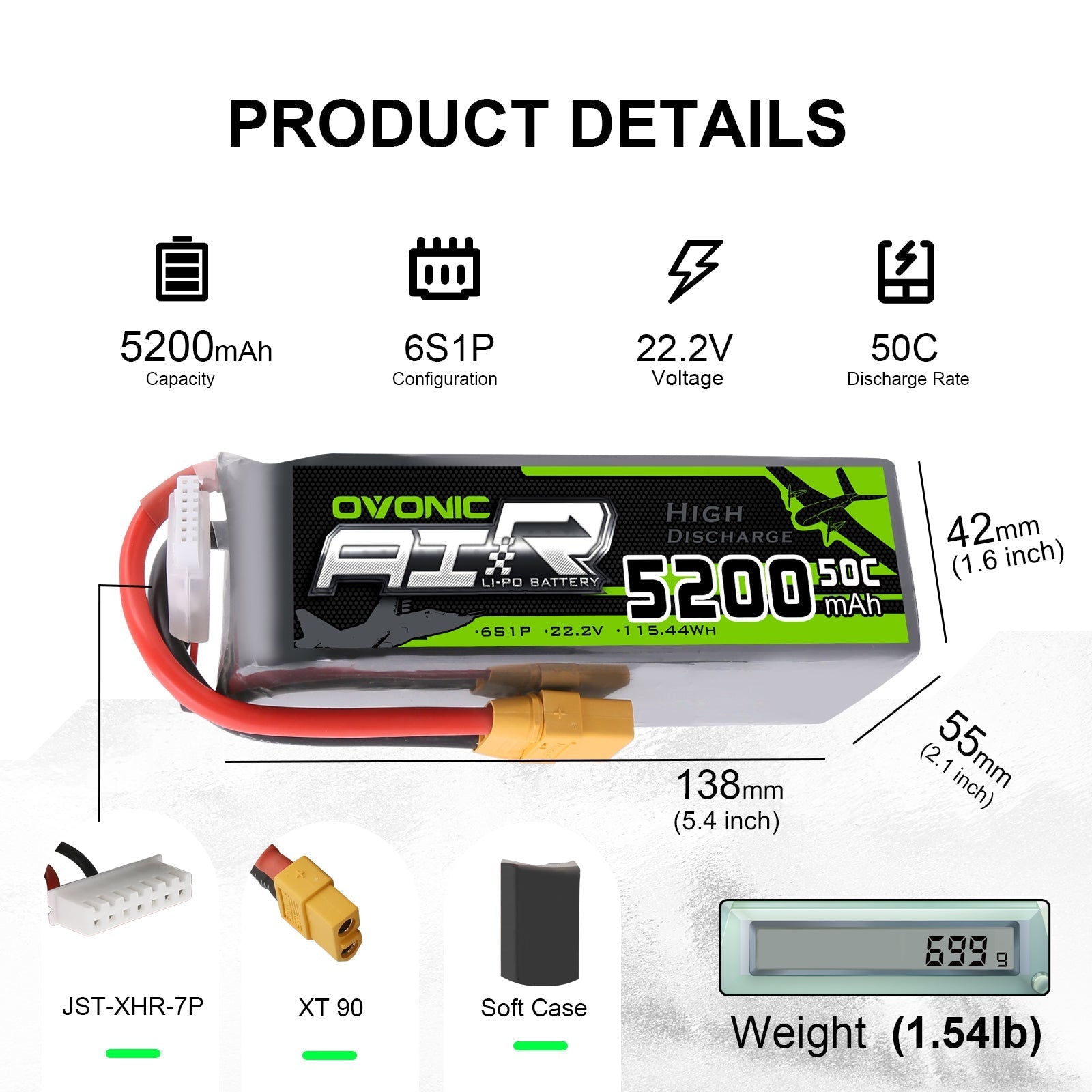 OVONIC 6S LiPo Battery 5200mAh 50C 22.2V with XT90 Plug for X-Class Drone