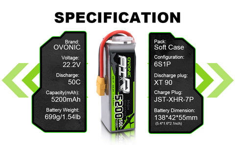 OVONIC 6S LiPo Battery 5200mAh 50C 22.2V with XT90 Plug for 1/8 Arrma RC Truck